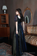 Black A-Line Tulle Long Prom Dress, Black Short Sleeve Evening Dress