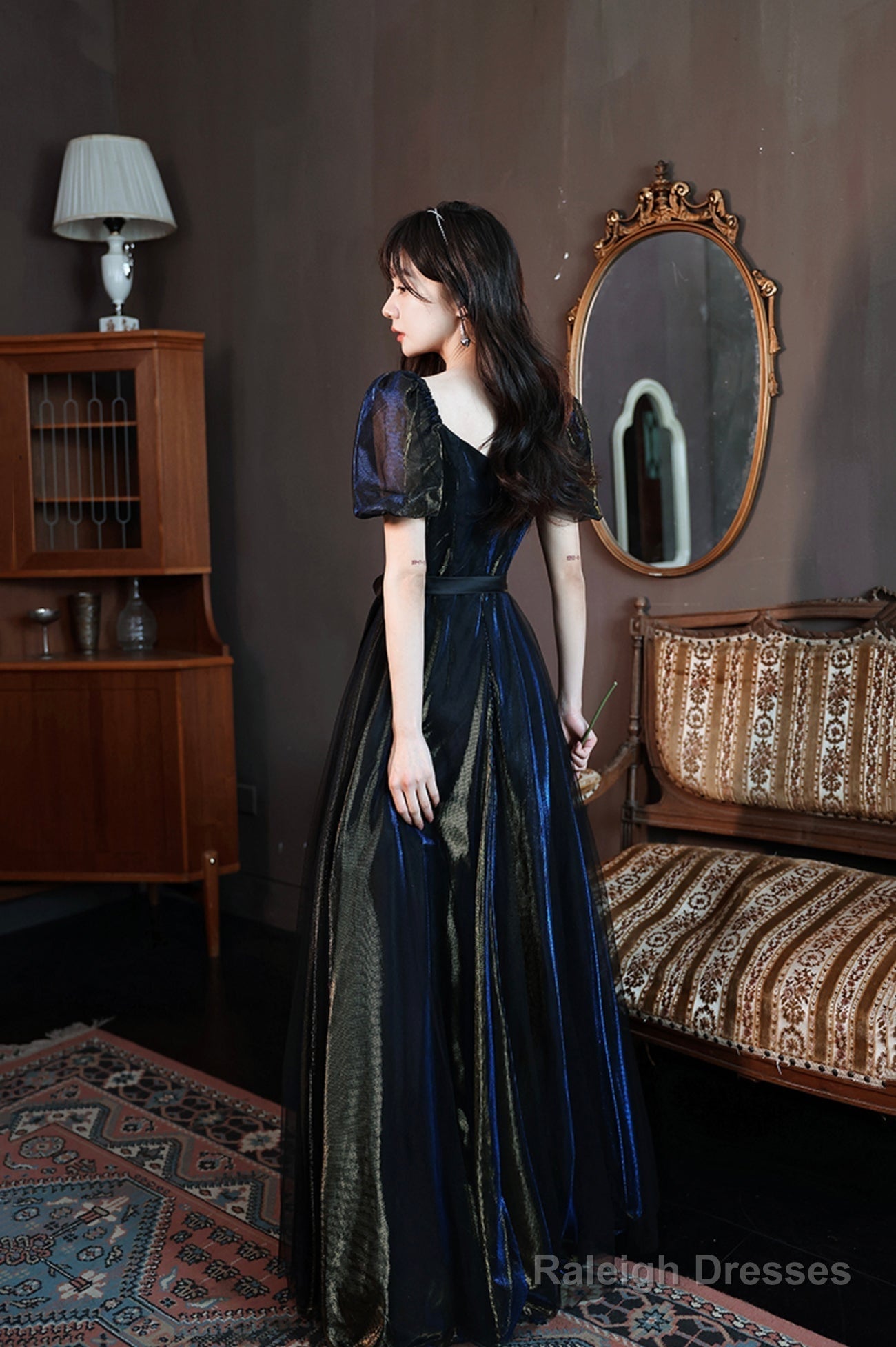 Black A-Line Tulle Long Prom Dress, Black Short Sleeve Evening Dress