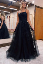 Black A Line Tulle Long Prom Dress with Lace