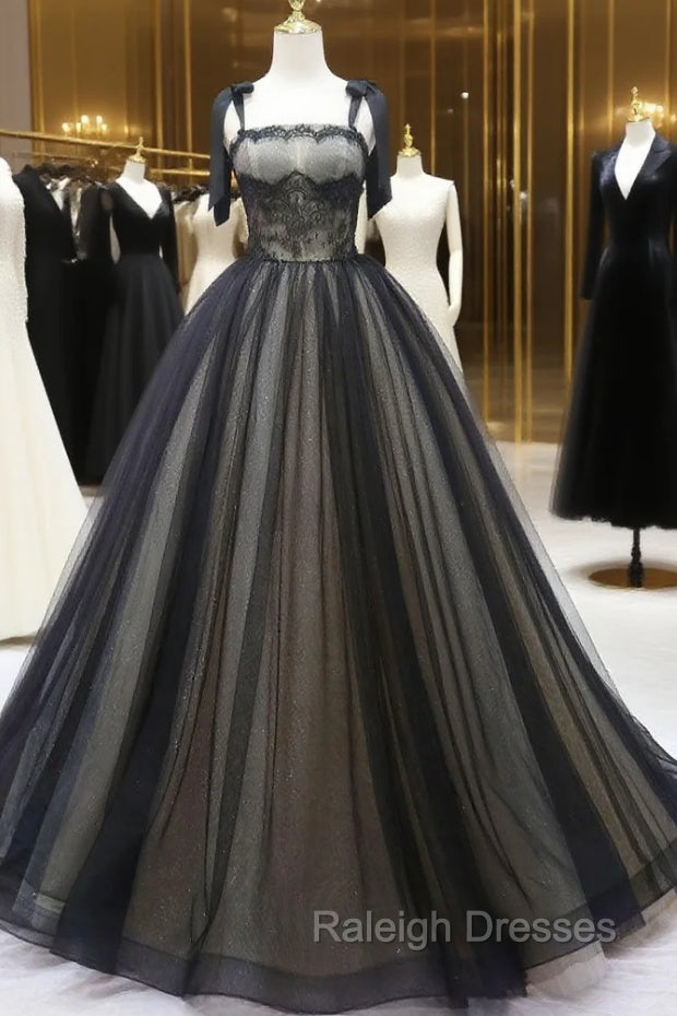Black A-Line Tulle Long Prom Dresses, Black Tulle Formal Evening Dress Main image
