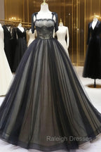 Black A-Line Tulle Long Prom Dresses, Black Tulle Formal Evening Dress