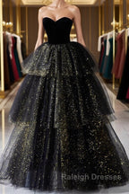 Black  A-Line Tulle Shiny Tulle Long Prom Dress, Black Tulle Formal Dresses