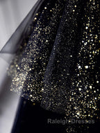 Black  A-Line Tulle Shiny Tulle Long Prom Dress, Black Tulle Formal Dresses