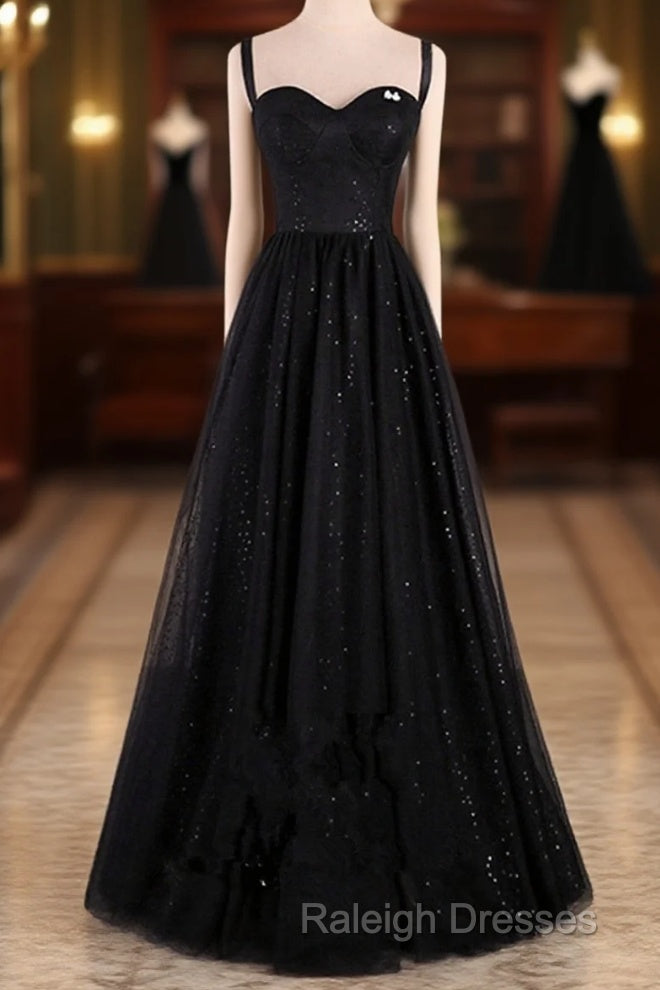 Black A-Line Tulle Straps Simple Long Prom Dress, Black Evening Dress Party Dress Main image