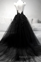 Black A-line Tulle with Lace Long Party Dress, Black Formal Dress Prom Dress