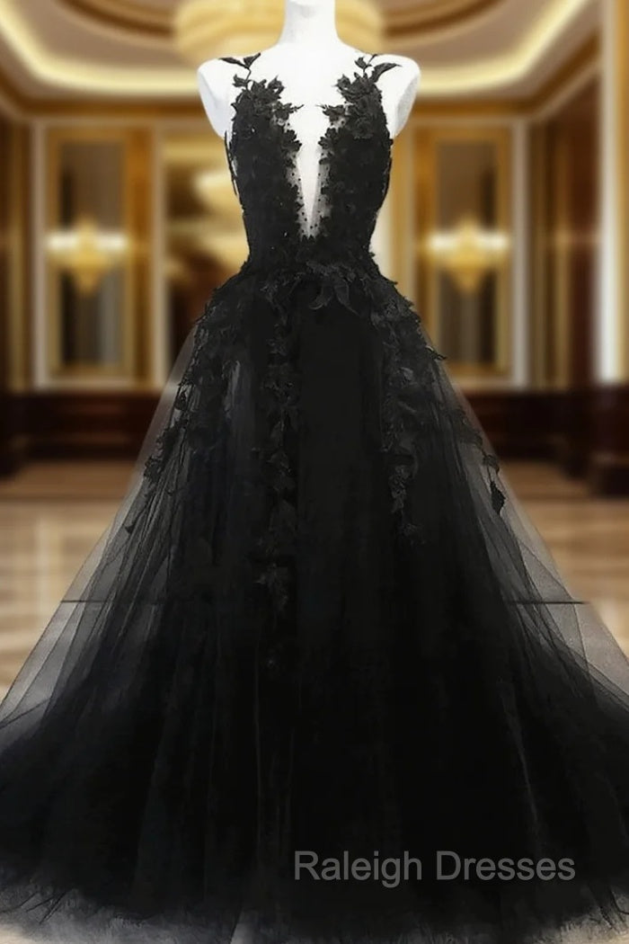 Black A Line Tulle with Lace Long Prom Dresses Black Prom Dresseses Main image
