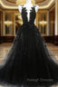 Black A Line Tulle with Lace Long Prom Dresses Black Prom Dresseses