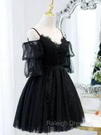 Black A line V Neck Lace Short Mini Prom Dress, Black Puffy Homecoming Dresses