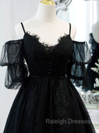 Black A line V Neck Lace Short/Mini Prom Dress, Black Puffy Homecoming Dresses
