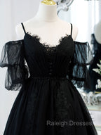 Black A line V Neck Lace Short Mini Prom Dress, Black Puffy Homecoming Dresses