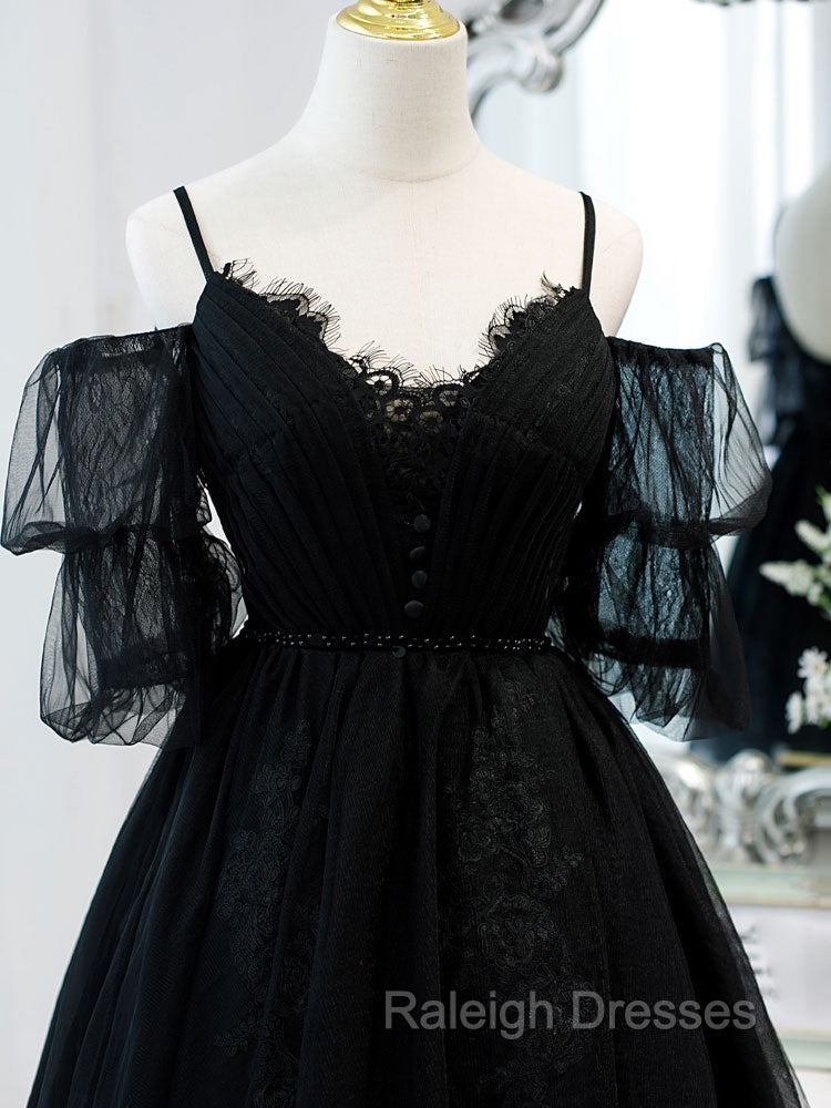 Black A line V Neck Lace Short Mini Prom Dress, Black Puffy Homecoming Dresses