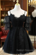 Black A line V Neck Lace Short/Mini Prom Dress, Black Puffy Homecoming Dresses
