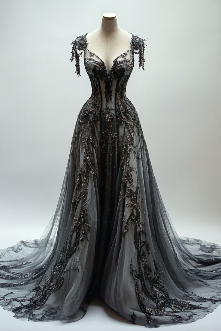 Black Appliques A-Line V-Neck Lace Tulle Sequin Long Prom Dresses Dark Gray Prom Gown Main image