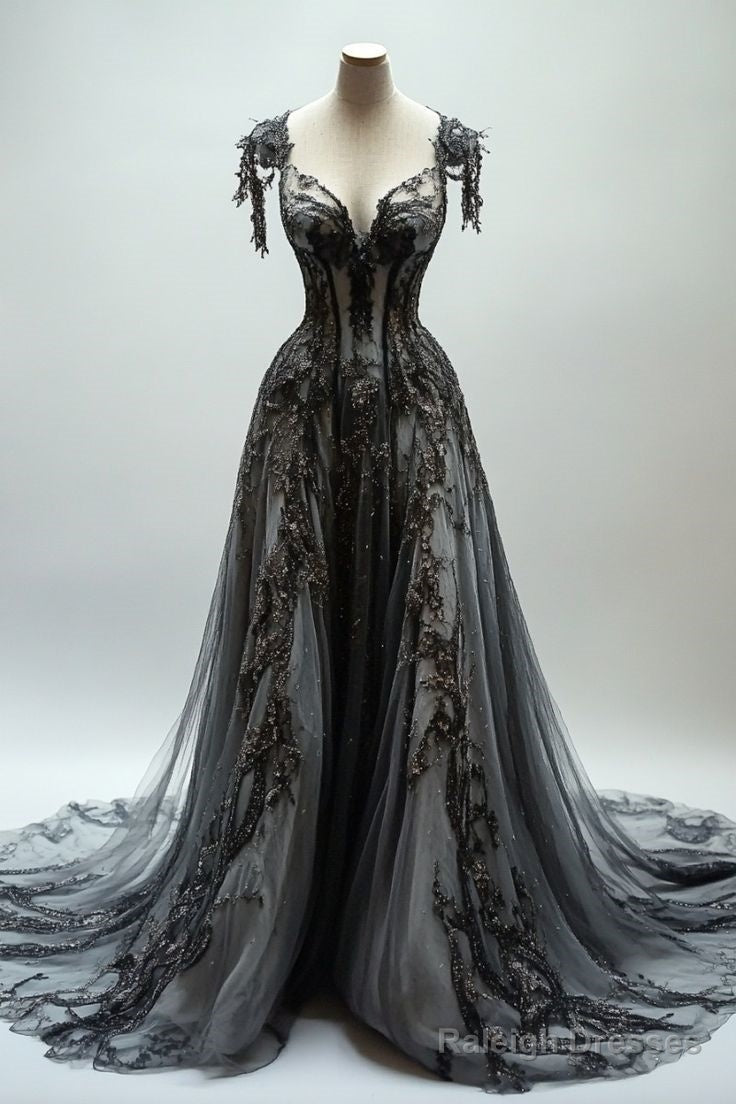 Black A-Line V-Neck Lace Tulle Sequin Long Prom Dresses Black Vintage Prom Dresses Main image