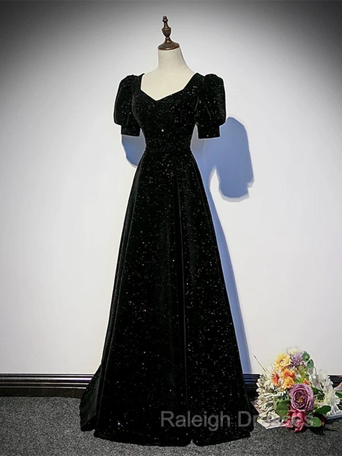 Black A-line Velvet Long Prom Dress Party Dress, Black Short Sleeves Prom Dress