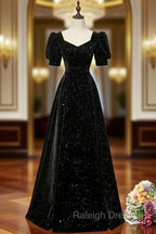 Black A-line Velvet Long Prom Dress Party Dress, Black Short Sleeves Prom Dress