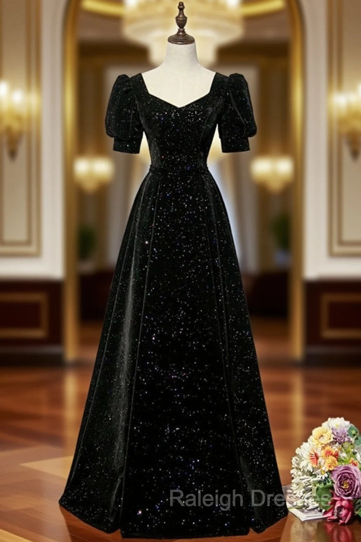 Black A-line Velvet Long Prom Dress Party Dress, Black Short Sleeves Prom Dress
