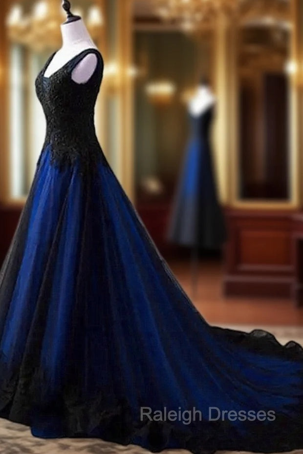 Black and Blue V-neckline Lace Applique Long Formal Dress, Black and Blue Prom Dress Secondary image