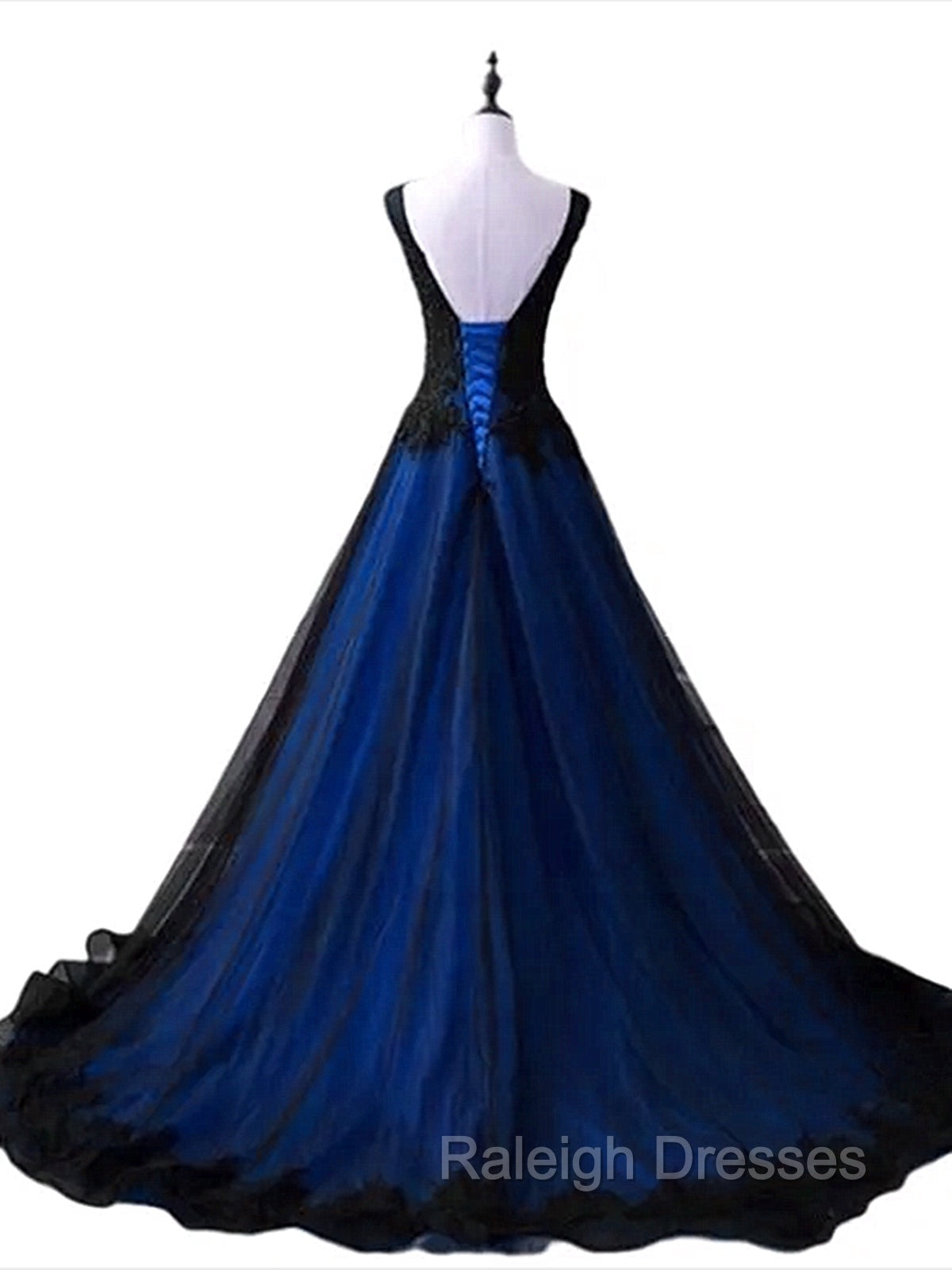 Black and Blue V Neckline Lace Applique Long Formal Dress, Black and B