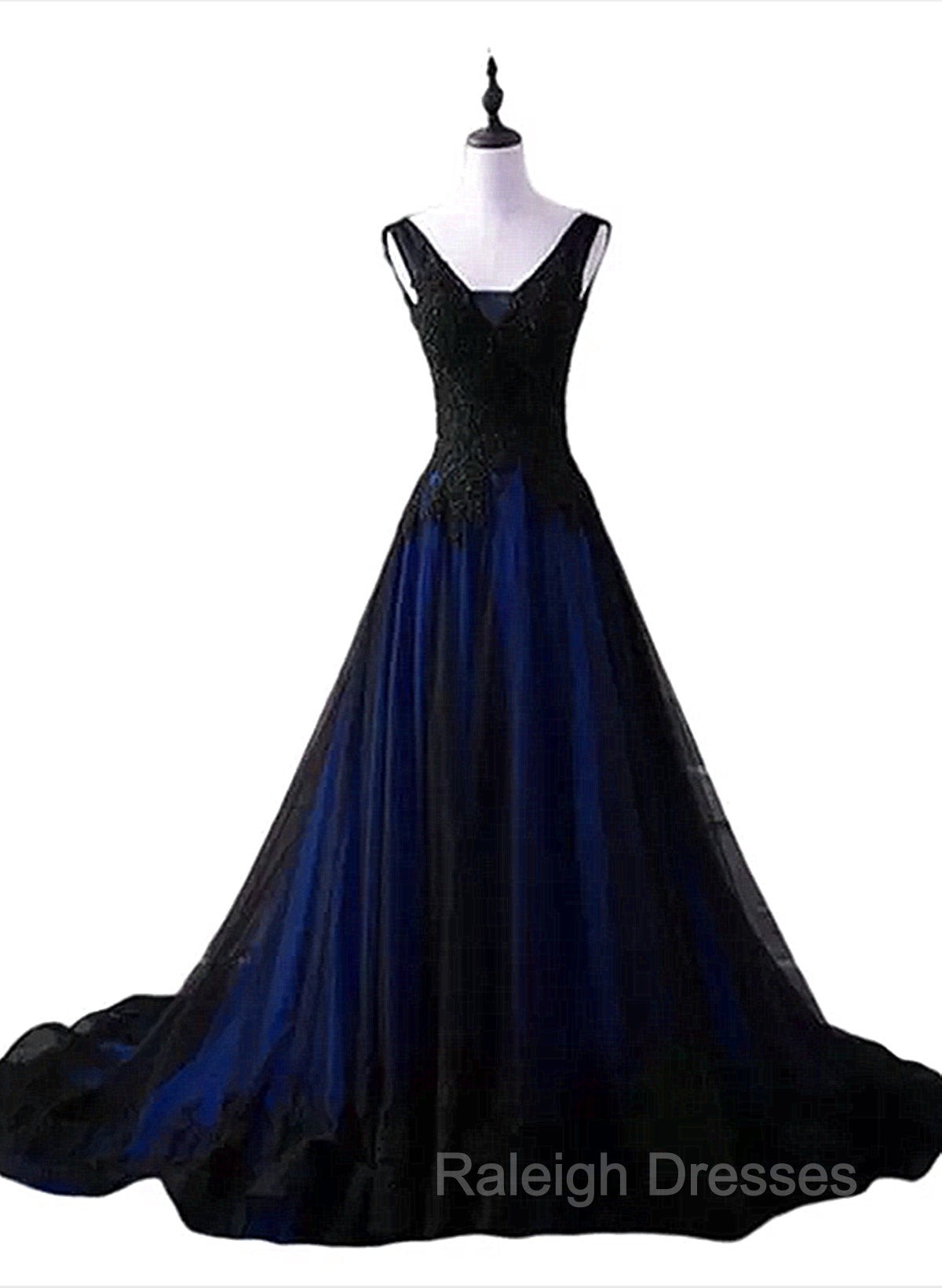Black and Blue V-neckline Lace Applique Long Formal Dress, Black and Blue Prom Dress Main image