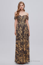Black and Brown Floral Print Off-the-Shoulder A-Line Long Prom Dress