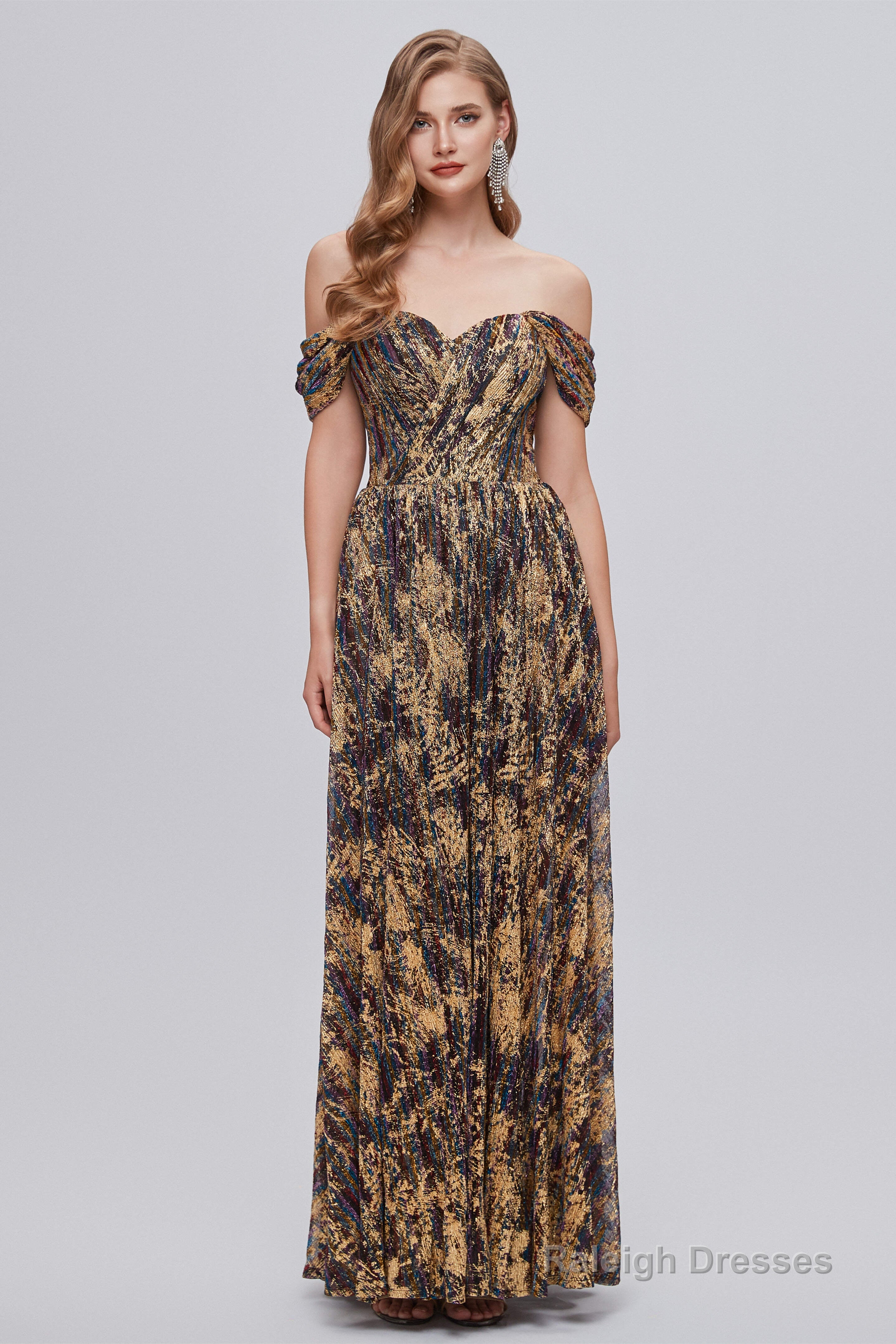 Black and Brown Floral Print Off-the-Shoulder A-Line Long Prom Dress