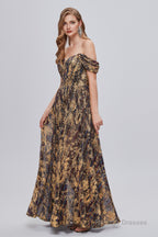 Black and Brown Floral Print Off-the-Shoulder A-Line Long Prom Dress