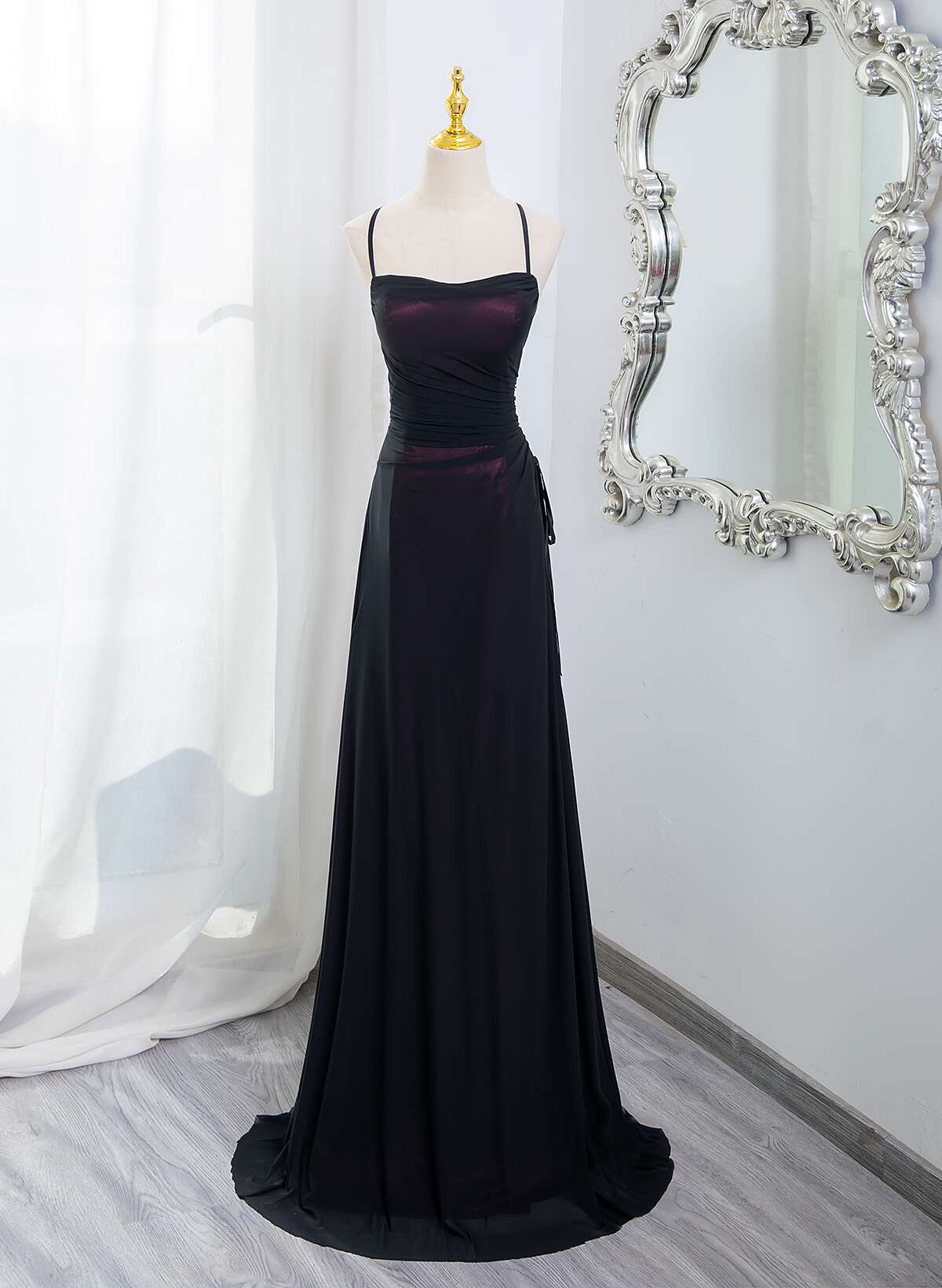 Black And Burgundy Scoop Straps Lace-Up Long Prom Dresses Simple Long Prom Dresses Main image