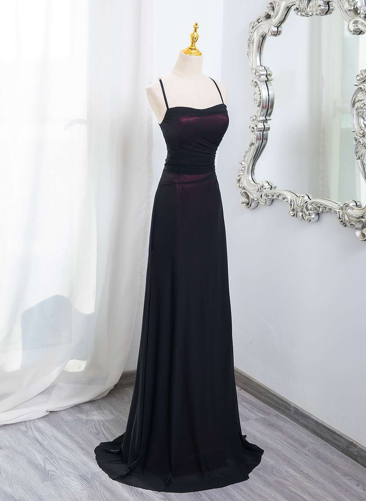 Black And Burgundy Scoop Straps Lace-Up Long Prom Dresses Simple Long Prom Dresses
