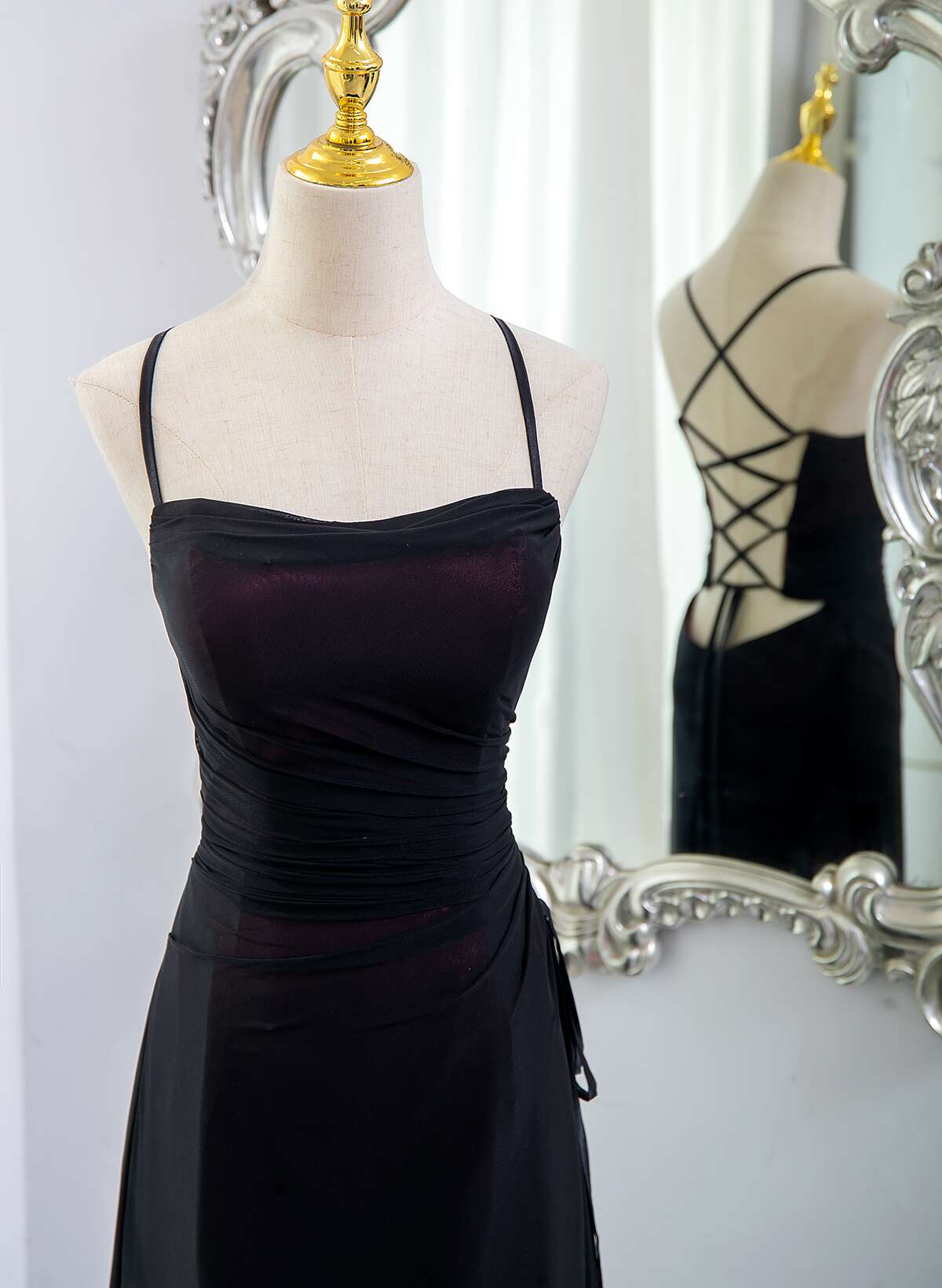 Black And Burgundy Scoop Straps Lace-Up Long Prom Dresses Simple Long Prom Dresses
