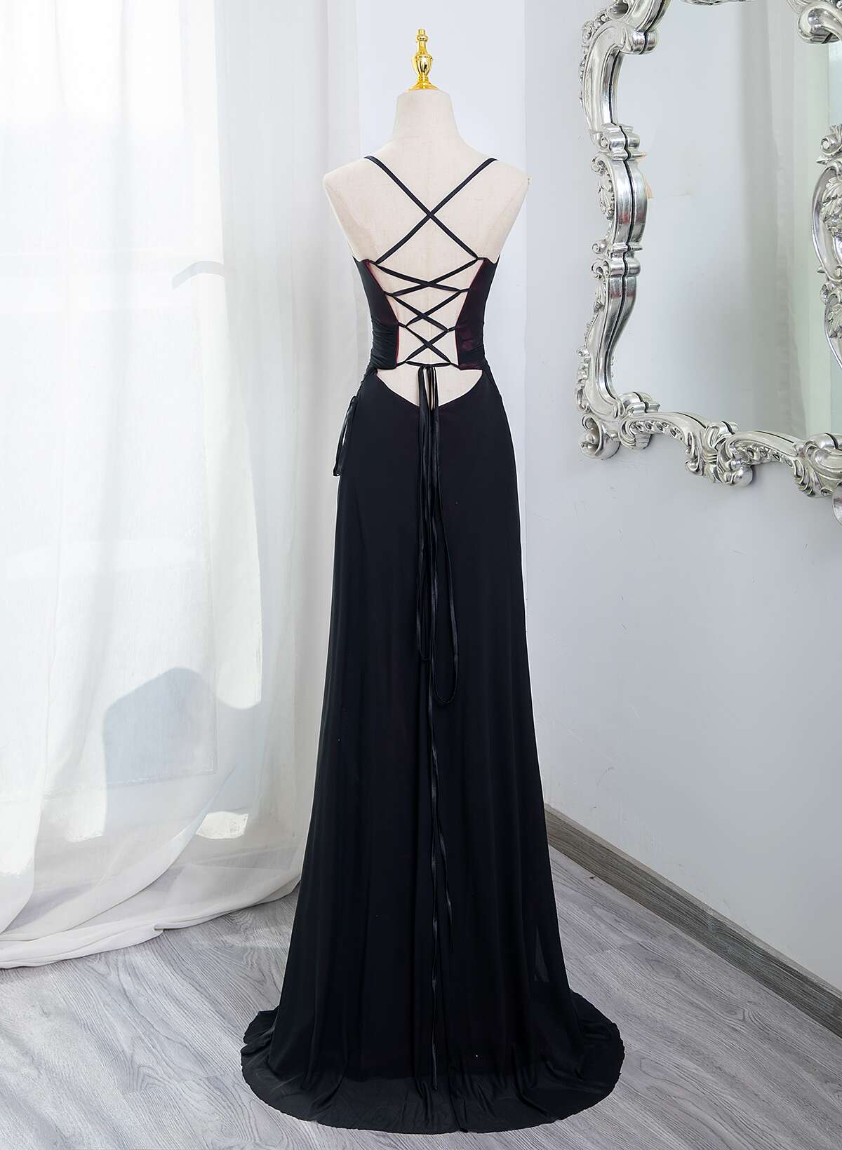Black And Burgundy Scoop Straps Lace-Up Long Prom Dresses Simple Long Prom Dresses