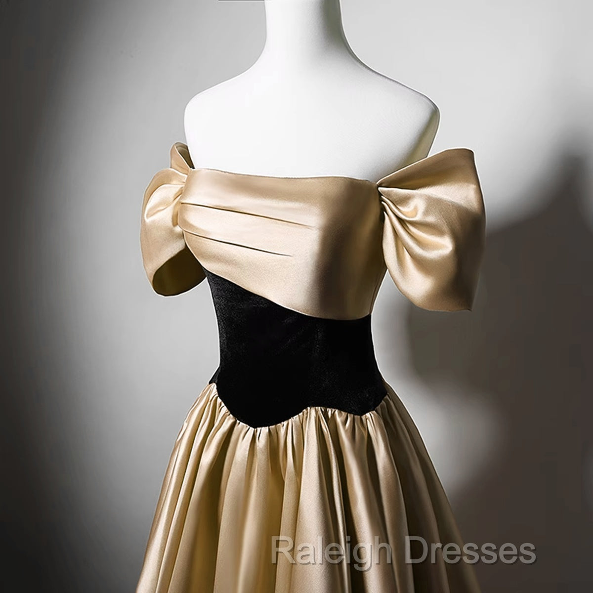 Black And Champagne Satin Long Party Dress, Off Shoulder Satin Prom Dress Secondary image