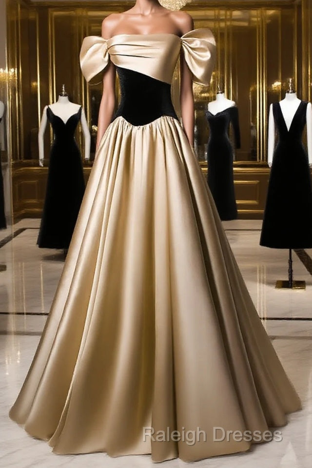 Black And Champagne Satin Long Party Dress, Off Shoulder Satin Prom Dress Main image