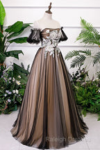 Black And Champagne Short Sleeves Tulle With Lace Party Dress, A-Line Floor Length Prom Dress