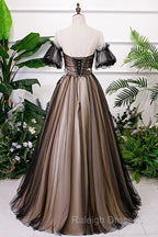 Black And Champagne Short Sleeves Tulle With Lace Party Dress, A-Line Floor Length Prom Dress