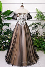 Black And Champagne Short Sleeves Tulle With Lace Party Dress, A-Line Floor Length Prom Dress