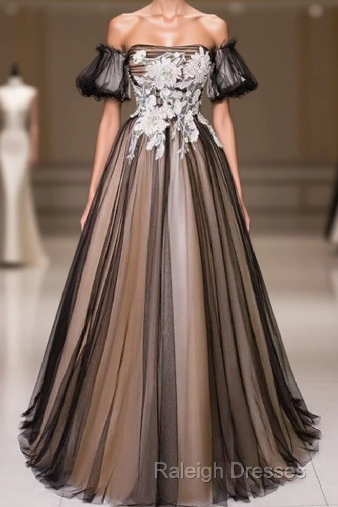 Black And Champagne Short Sleeves Tulle With Lace Party Dress, A-Line Floor Length Prom Dress Main image