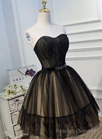 Black and Champagne Tulle Sweetheart Lace Short Prom Dress, Tulle Homecoming Dresses