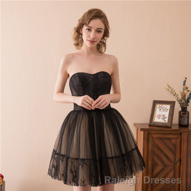 Black and Champagne Tulle Sweetheart Lace Short Party Dress, Tulle Homecoming Dresses