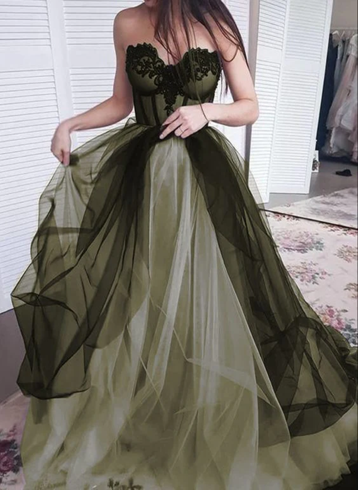 Black And Green Sweetheart Tulle With Lace Prom Dresses A-Line Lace-Up Prom Dresses Main image