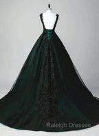Black and Green Tulle with Lace Long Party Dress, A-line Low Back Evening Dress