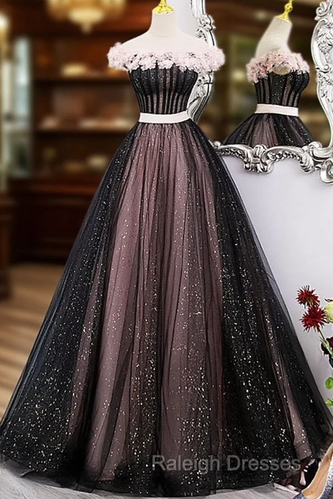 Black And Pink Tulle With Flowers Off Shoulder Party Dress, Tulle Sweet 16 Dress Main image