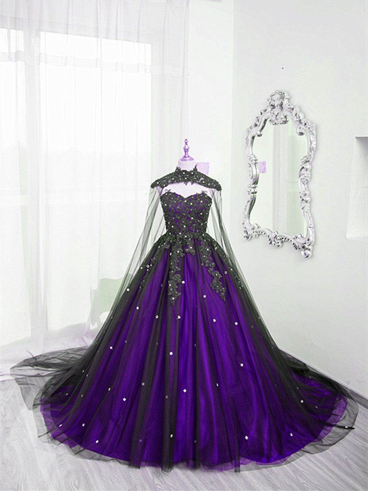 Black And Purple Beaded Tulle Ball Gowns Sweet 16 Dresses Black And Purple Prom Dresses With Cap