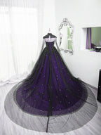 Black And Purple Beaded Tulle Ball Gowns Sweet 16 Dresses Black And Purple Prom Dresses With Cap