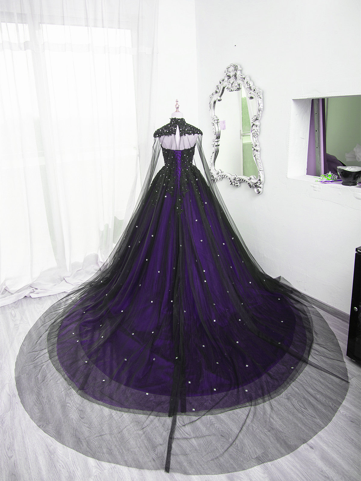 Black And Purple Beaded Tulle Ball Gowns Sweet 16 Dresses Black And Purple Prom Dresses With Cap