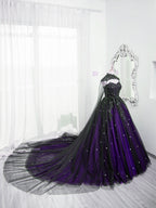 Black And Purple Beaded Tulle Ball Gowns Sweet 16 Dresses Black And Purple Prom Dresses With Cap