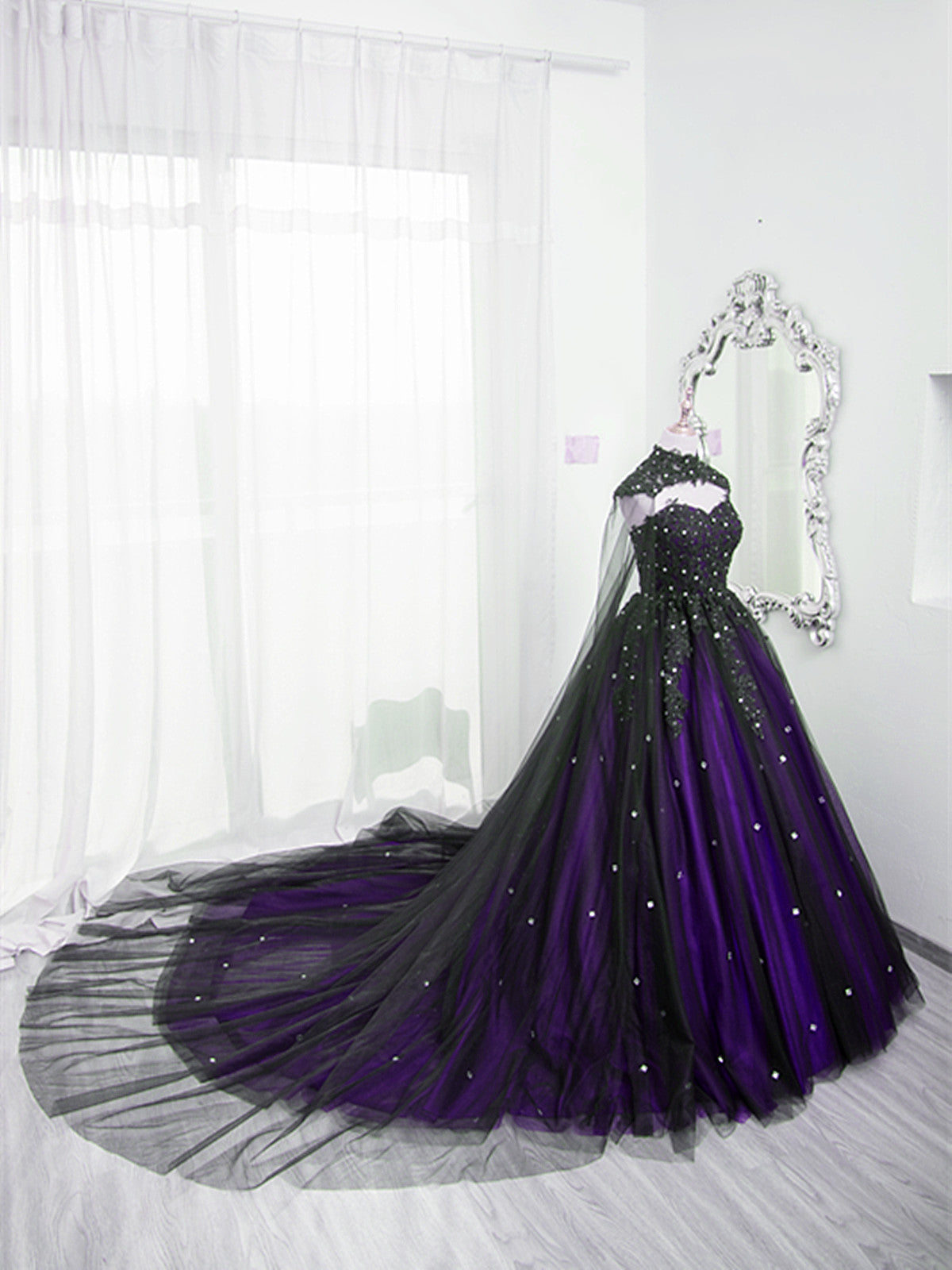 Black And Purple Beaded Tulle Ball Gowns Sweet 16 Dresses Black And Purple Prom Dresses With Cap