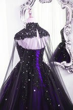 Black And Purple Beaded Tulle Ball Gowns Sweet 16 Dresses Black And Purple Prom Dresses With Cap