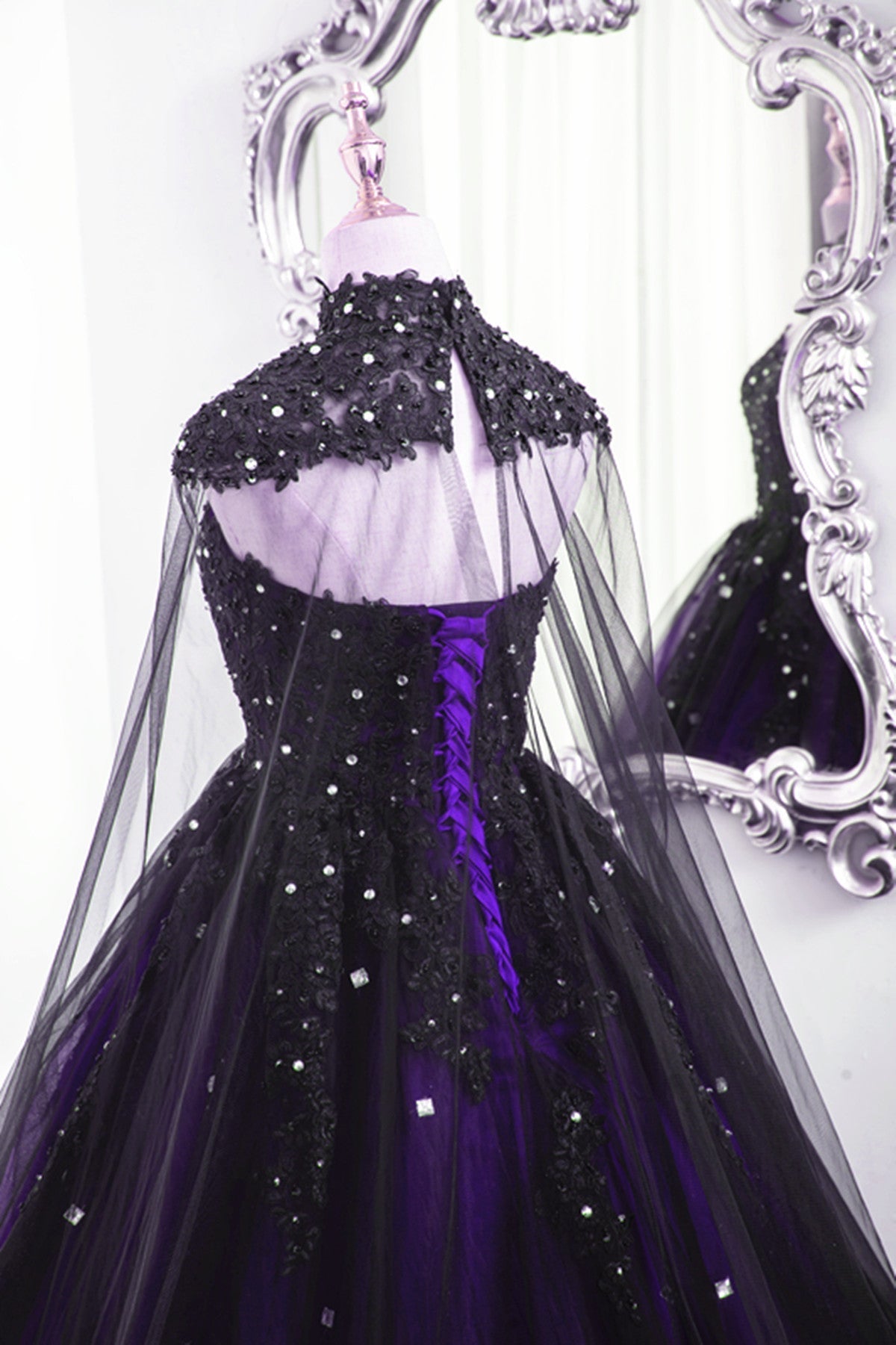 Black And Purple Beaded Tulle Ball Gowns Sweet 16 Dresses Black And Purple Prom Dresses With Cap