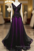 Black and Purple V-neckline A-line Prom Dress, Tulle with Lace Party Dress